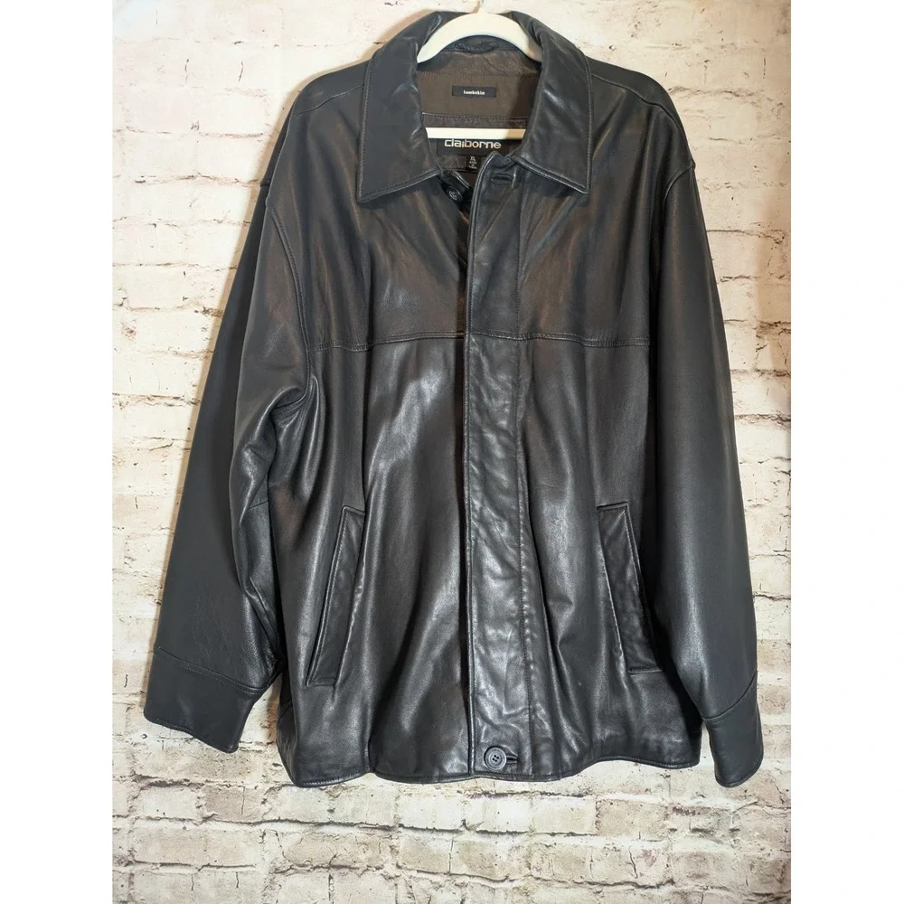 Claiborne Men Lambskin Leather Jacket XL Black Butter Soft Real Lamb Leather